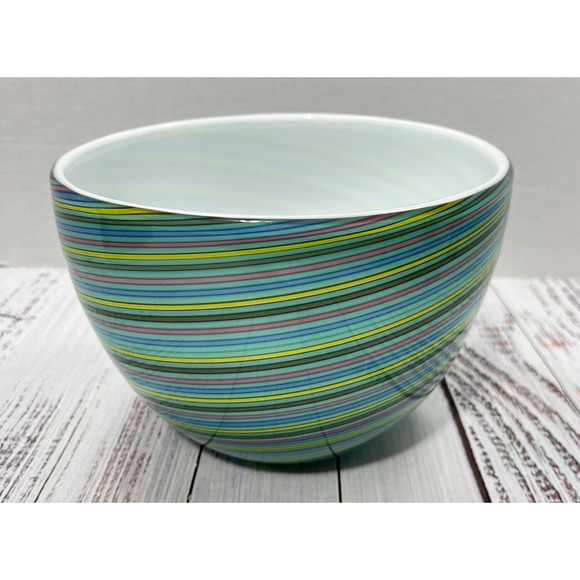 Italian Venetian Blown Murano MCM Glass Bowl Green Rainbow Cenedese 1970's READ